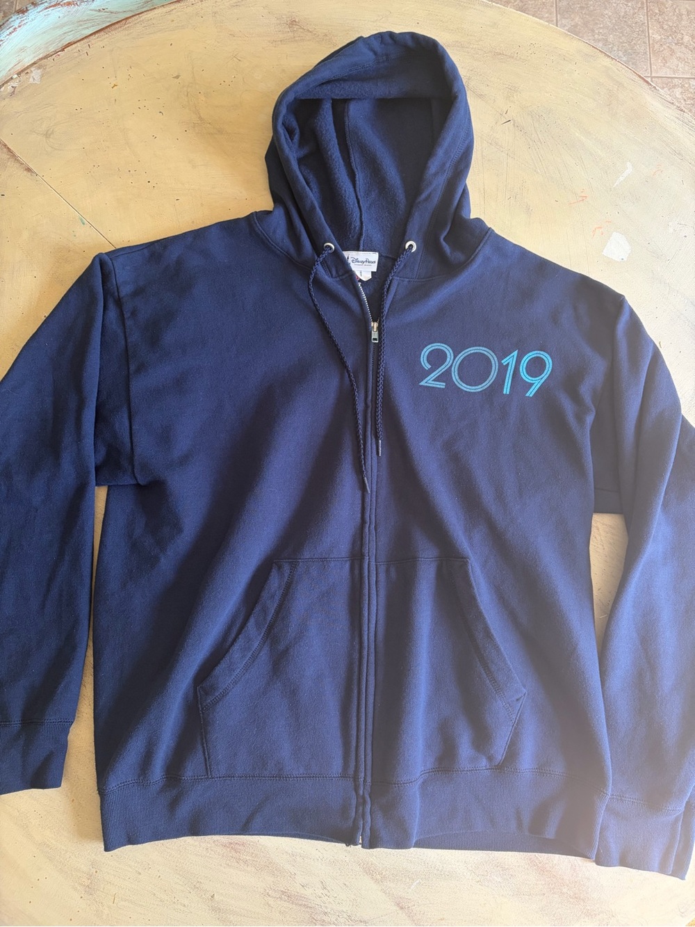 Disney Parks 2019 Navy Blue Large Zip Hoodie Mickey Donald Goofy Pluto Chip Dale